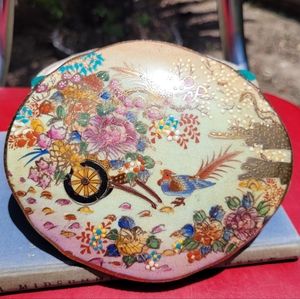 Vintage Chinese ceramic jewelry, trinket box gold accents with peacock, flowers